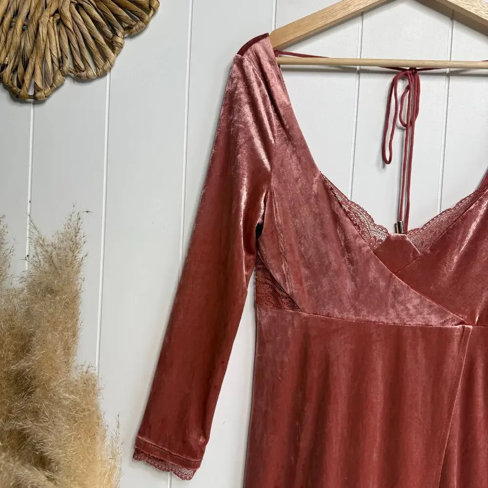 Free People mini dress velvet babydoll floral lace boho XS